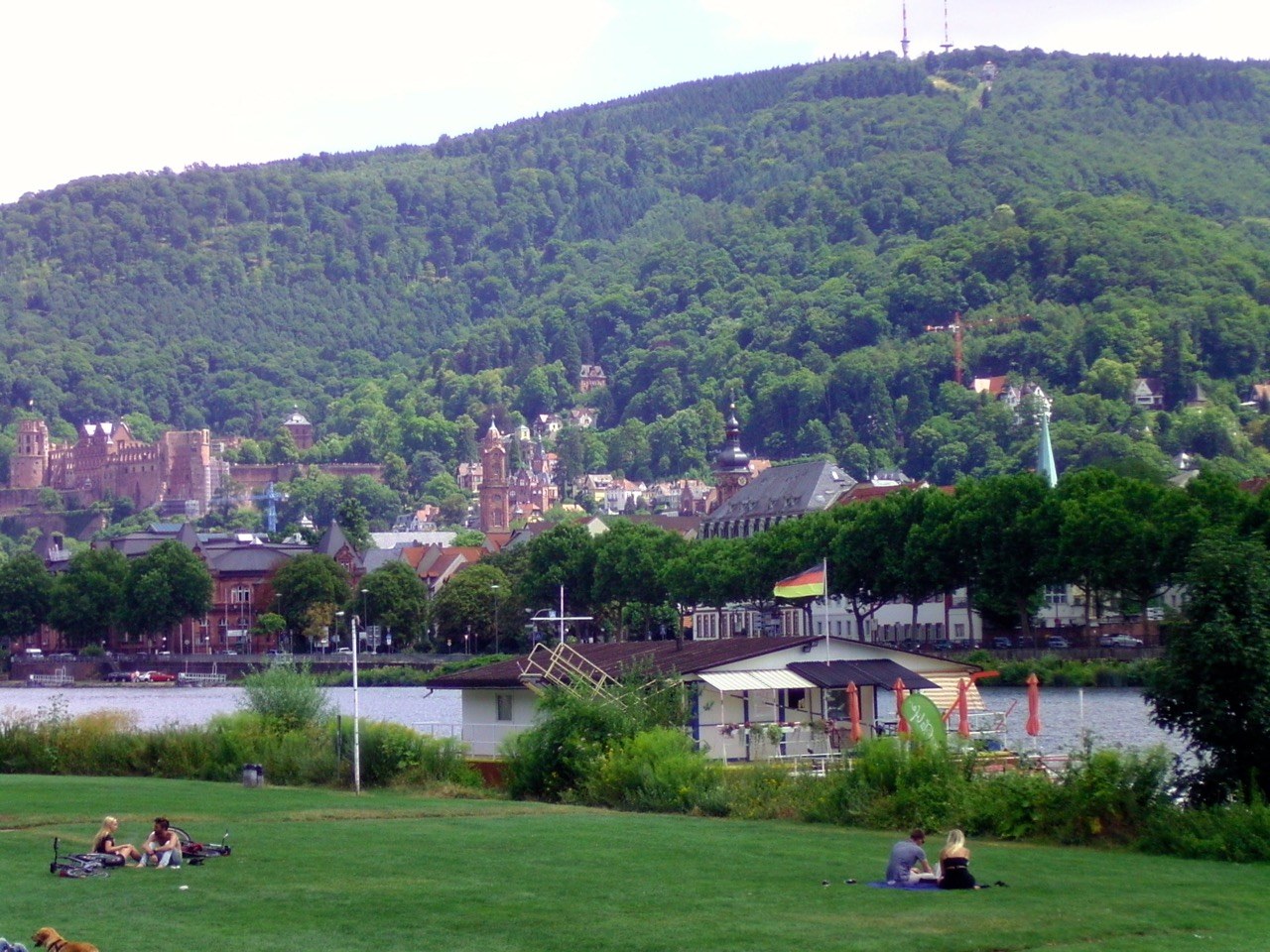 People on the Neckarwiese with Heidelberg's old town, castle and wooded slopes beyond.