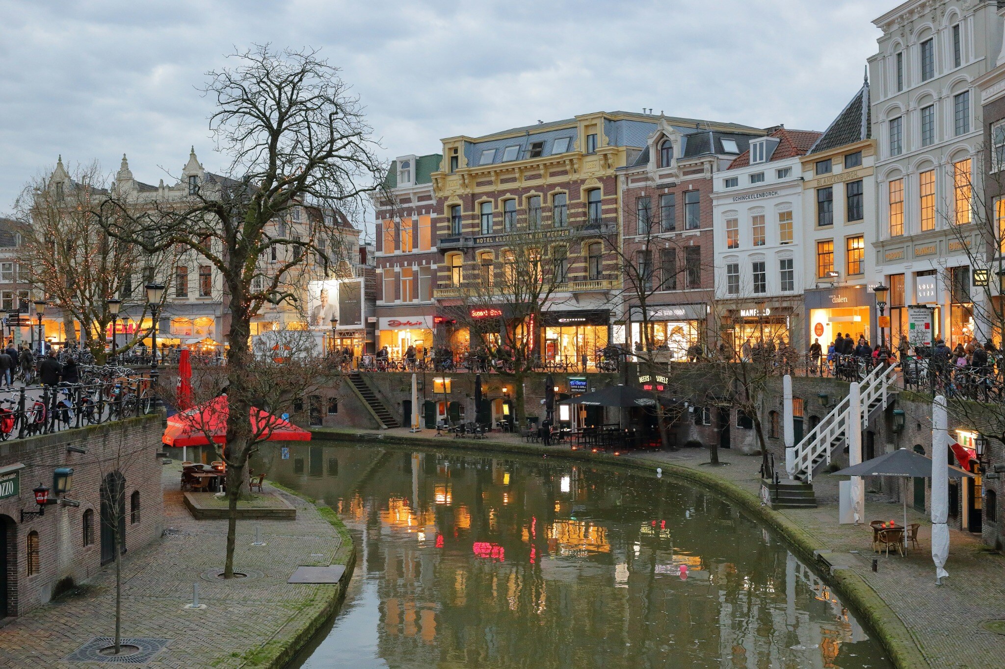 Utrecht canal architecture reflected in the water at dusk