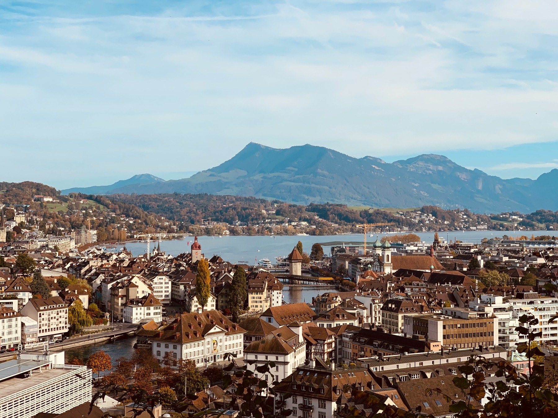 Lucerne, its lake and the surrounding mountains seen together.