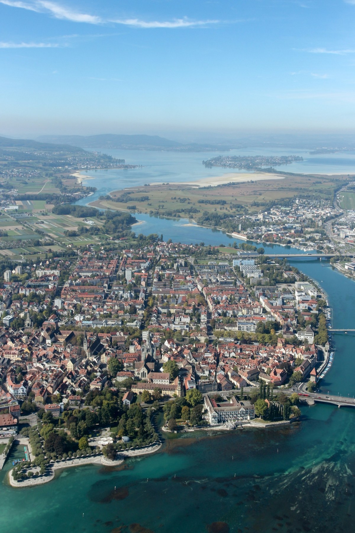 Aerial view of Konstanz between the old town, Rhine and Lake Constance.