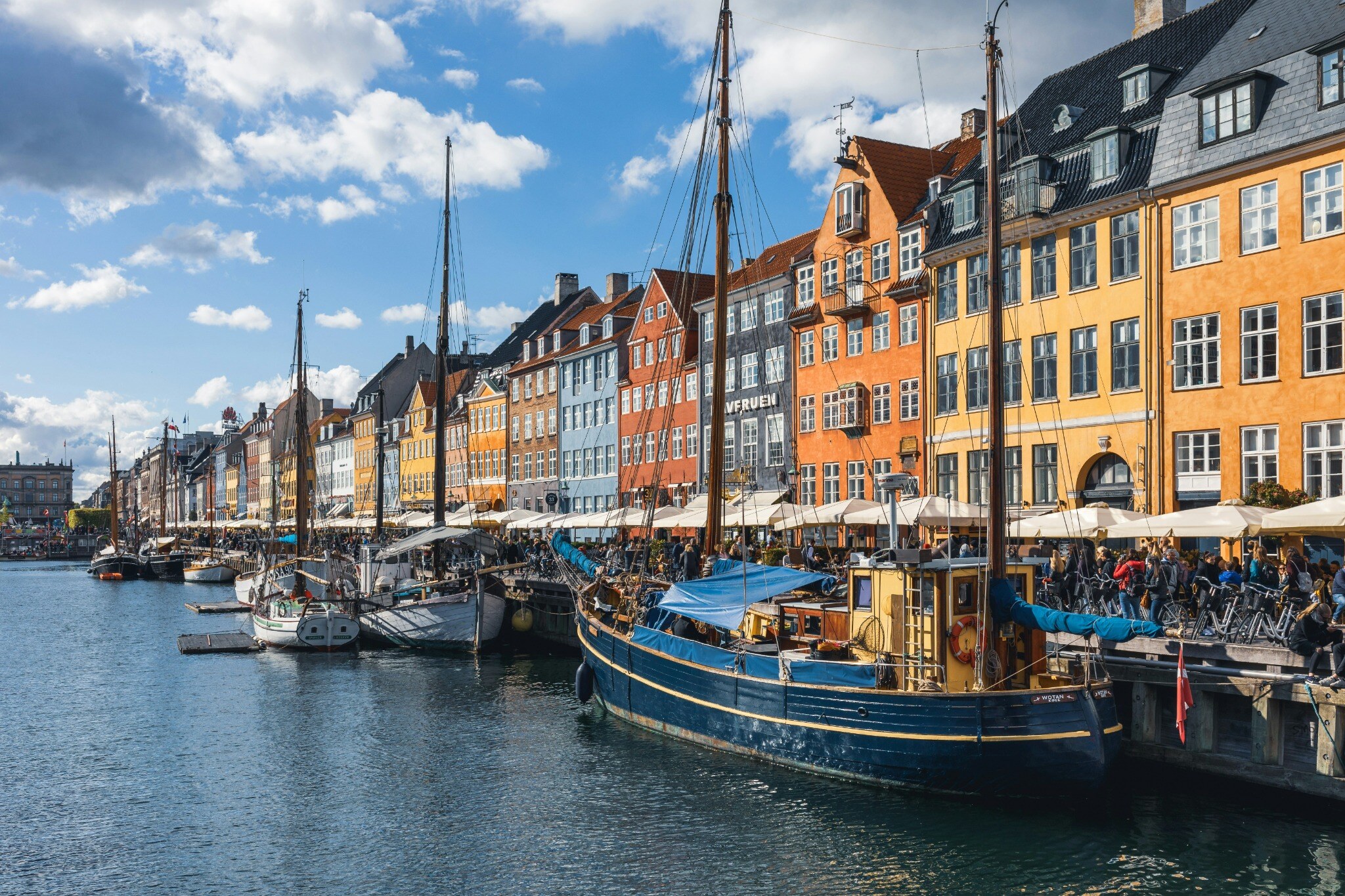 Historic townhouses and boats along Copenhagen's Nyhavn waterfront