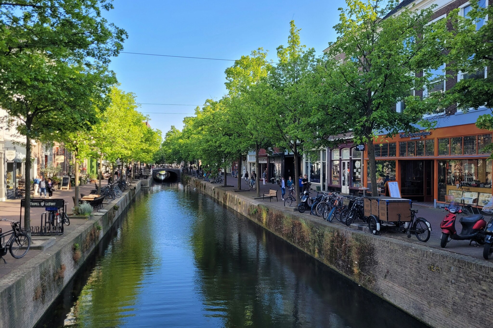 A leafy Delft canal lined with bicycles, cafés and shops