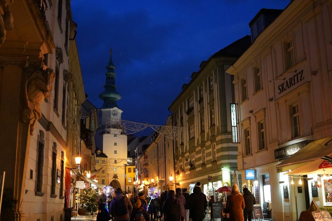 An evening walk through Bratislava's illuminated old town