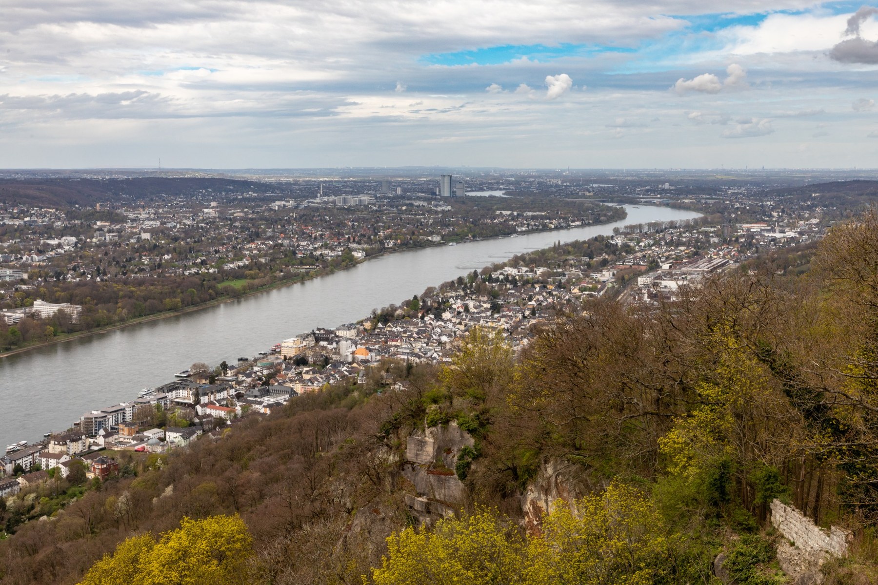 The view from Drachenfels towards Bonn stretching along the Rhine.