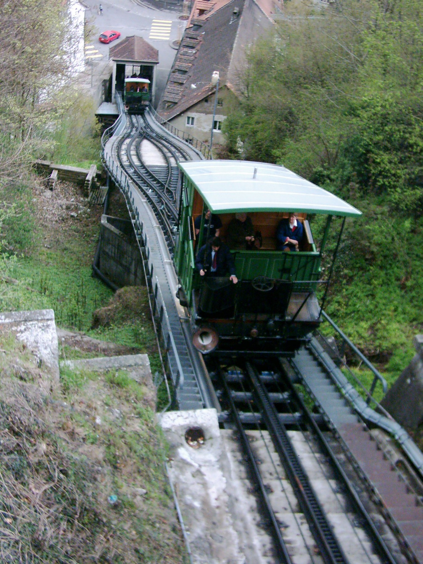 Fribourg's historic funicular travelling on its steep track.