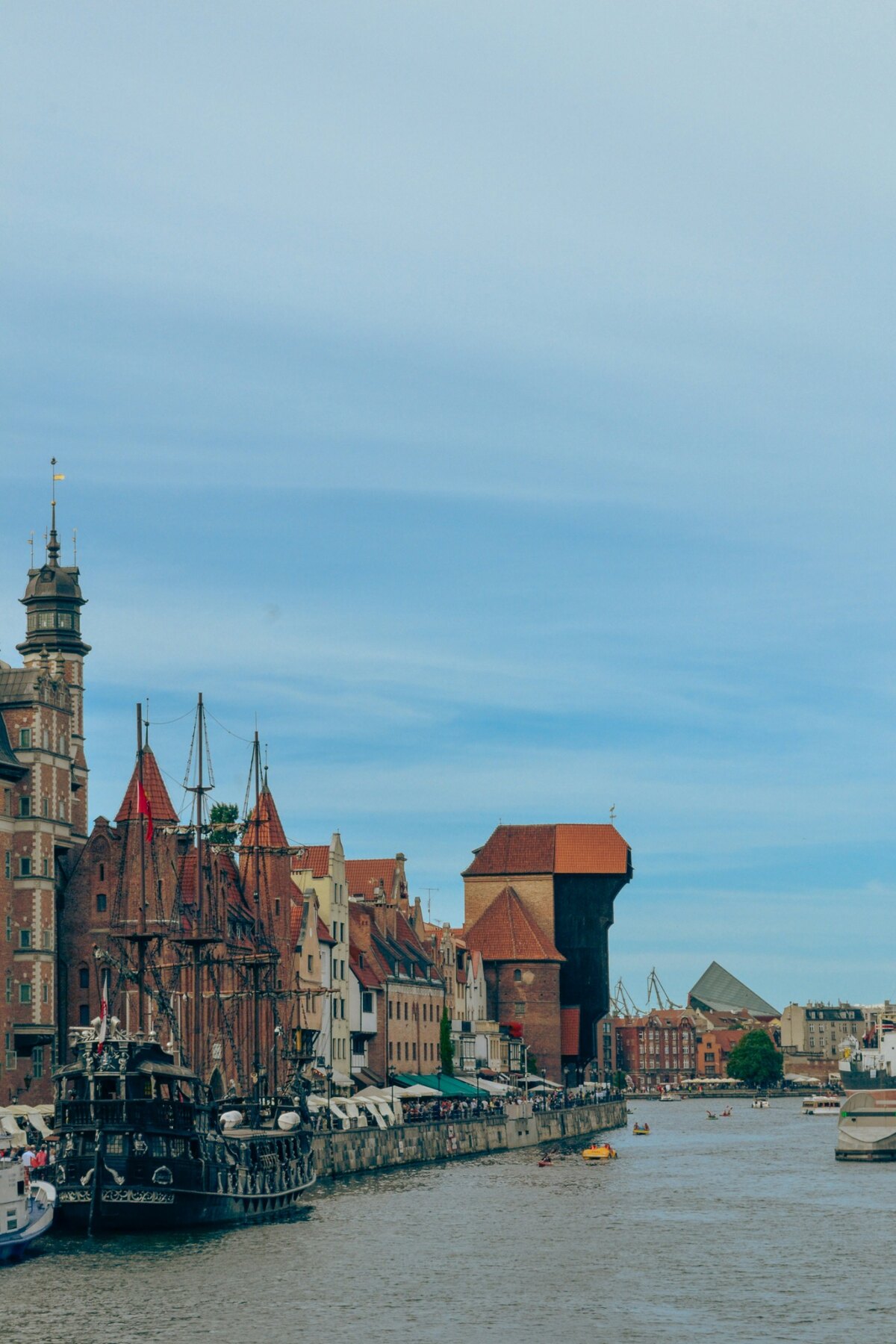 Boats, historic warehouses and the Motława waterfront in Gdańsk