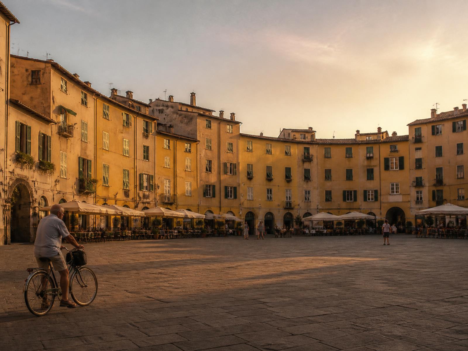 The oval Piazza dell'Anfiteatro in Lucca at golden hour, ringed by ochre facades and café tables