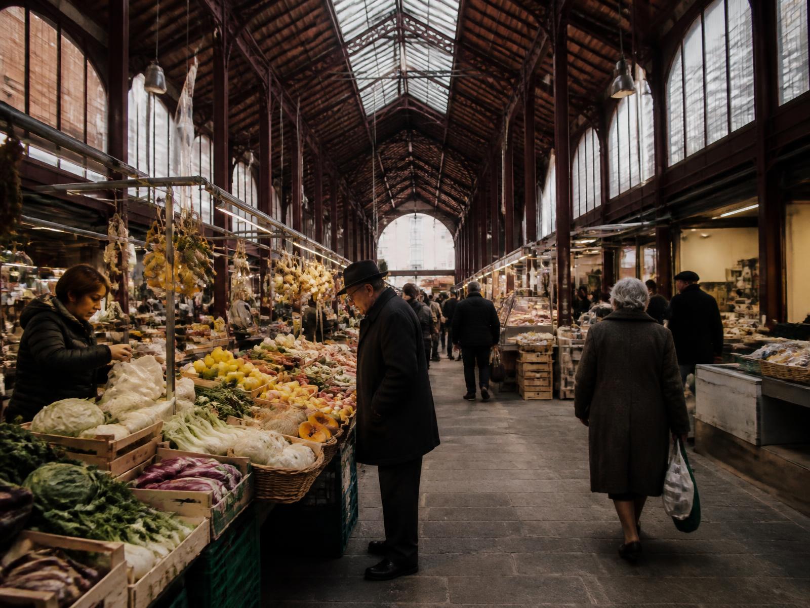 Locals shopping among produce stalls under the iron and glass roof of Modena's covered market