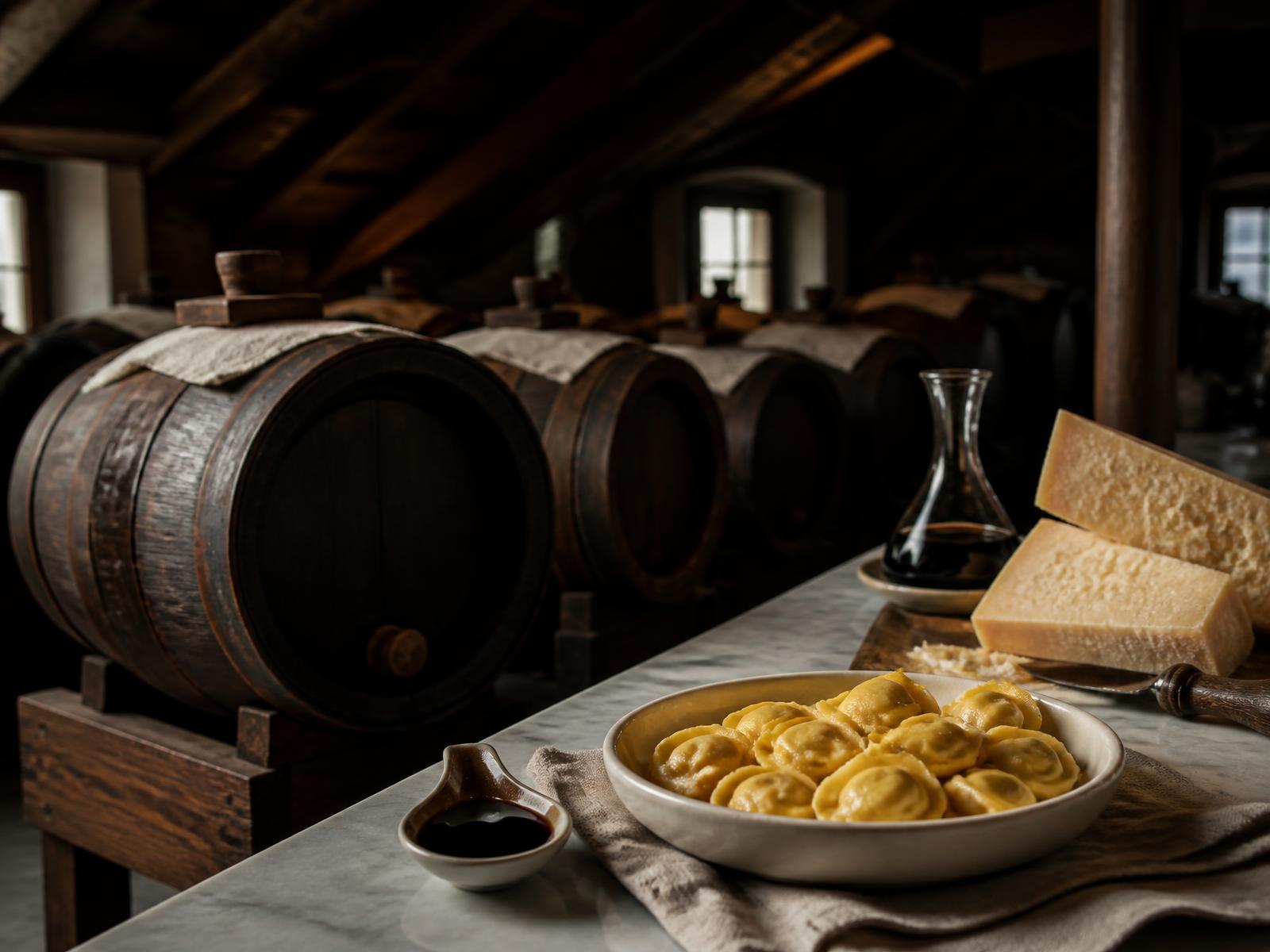Ageing barrels of traditional Modena balsamic vinegar beside fresh tortellini and Parmesan